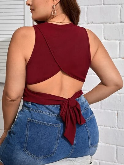 SHEIN Privé Plus Tie Backless Ribbed Knit Tank Top