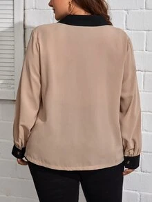 SHEIN Clasi Camisa de cuello en contraste de manga farol - Albaricoque - Ver 2