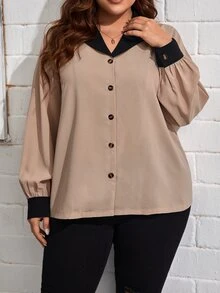 SHEIN Clasi Camisa de cuello en contraste de manga farol - Albaricoque - Ver 3