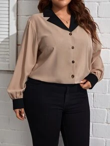 SHEIN Clasi Camisa de cuello en contraste de manga farol - Albaricoque - Ver 4