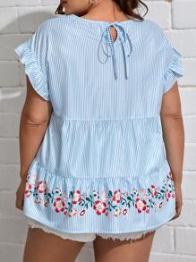 SHEIN LUNE Plus Striped & Floral Print Flounce Sleeve Peplum Blouse - Blue and White - View 2