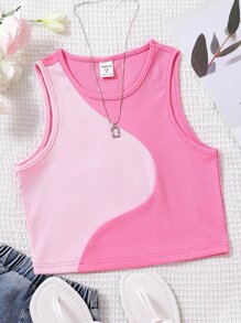 SHEIN Camisola elastizada de punto de dos colores para niña preadolescente, moderna y elegante, diseño de color dual, tela de punto elástica, ajuste cómodo - Rosa - Ver 1
