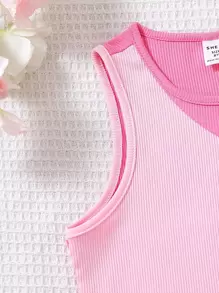 SHEIN Camisola elastizada de punto de dos colores para niña preadolescente, moderna y elegante, diseño de color dual, tela de punto elástica, ajuste cómodo - Rosa - Ver 3