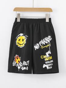 Boys Cartoon & Slogan Graphic Shorts - Black - View 1