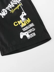 Boys Cartoon & Slogan Graphic Shorts - Black - View 5