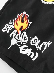 Boys Cartoon & Slogan Graphic Shorts - Black - View 6