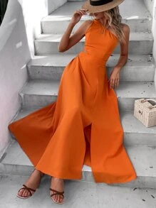 SHEIN VCAY Đầm Thắt nút Lộ Lưng Tách cao màu trơn Gợi cảm - trái cam - Xem 3