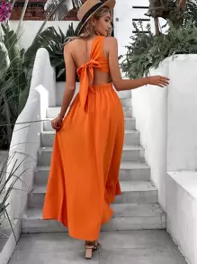 SHEIN VCAY Đầm Thắt nút Lộ Lưng Tách cao màu trơn Gợi cảm - trái cam - Xem 1