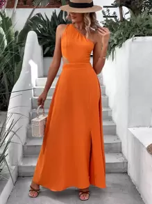 SHEIN VCAY Đầm Thắt nút Lộ Lưng Tách cao màu trơn Gợi cảm - trái cam - Xem 2