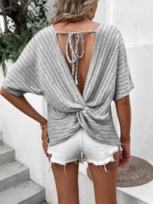 SHEIN LUNE Twist Tie Back Batwing Sleeve Tee - Light Grey - View 6