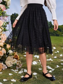 SHEIN 少女優雅高腰格紋網紗中長裙，帶內裏，度假必備 - 黑色 - 查看 3