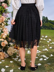 SHEIN 少女優雅高腰格紋網紗中長裙，帶內裏，度假必備 - 黑色 - 查看 4