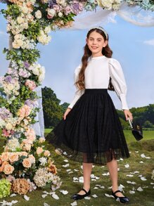 SHEIN 少女優雅高腰格紋網紗中長裙，帶內裏，度假必備 - 黑色 - 查看 7