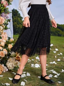 SHEIN 少女優雅高腰格紋網紗中長裙，帶內裏，度假必備 - 黑色 - 查看 6