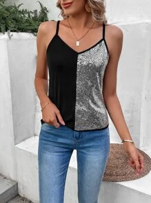 Chiquease 亮片拼接吊帶上衣 - 黑色 - 查看 4