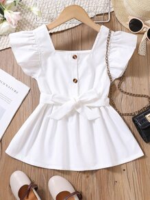 Girls Square Neck Butterfly Sleeve Belted Blouse - White - View 1