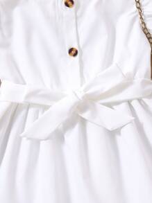 Girls Square Neck Butterfly Sleeve Belted Blouse - White - View 3