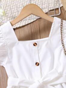 Girls Square Neck Butterfly Sleeve Belted Blouse - White - View 4