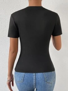 SHEIN Privé Áo thun nữ Pha lê kim cương cườm đính Cắt ra Khối Màu Gợi cảm - màu đen - Xem 3