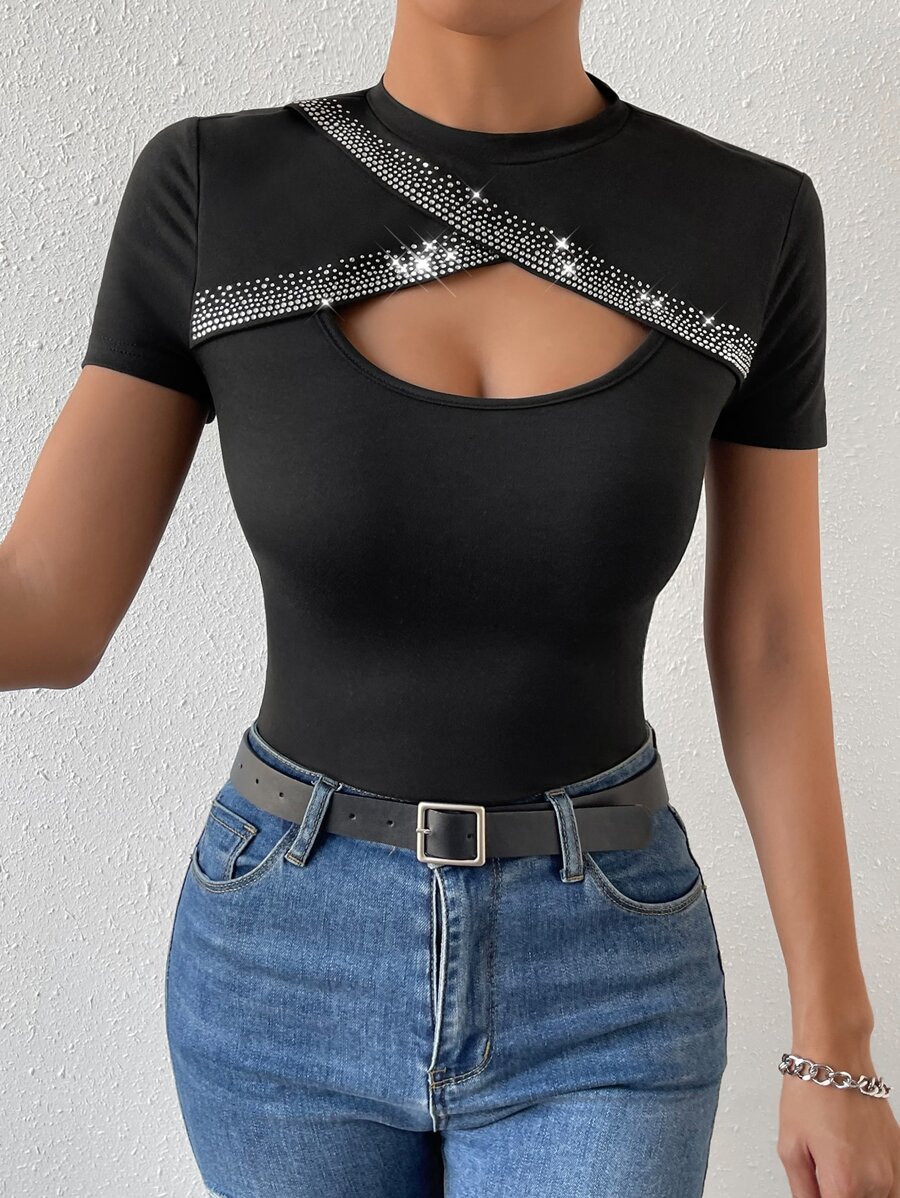 SHEIN Privé Áo thun nữ Pha lê kim cương cườm đính Cắt ra Khối Màu Gợi cảm - màu đen - Xem 1