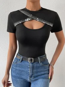 SHEIN Privé Áo thun nữ Pha lê kim cương cườm đính Cắt ra Khối Màu Gợi cảm - màu đen - Xem 5