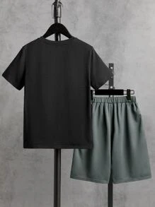 SHEIN Leap Crew Tween Boy Basketball & Letter Graphic Tee & Drawstring Waist Shorts - Dark Grey - View 2