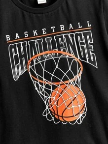 SHEIN Leap Crew Tween Boy Basketball & Letter Graphic Tee & Drawstring Waist Shorts - Dark Grey - View 3