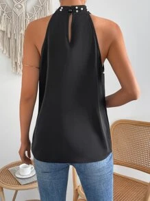SHEIN Privé Pearls Beaded Fold Pleated Halter Neck Blouse - Black - View 3