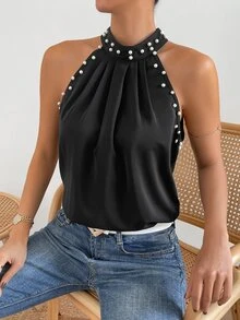 SHEIN Privé Pearls Beaded Fold Pleated Halter Neck Blouse - Black - View 5