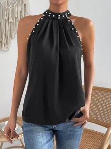 SHEIN Privé Pearls Beaded Fold Pleated Halter Neck Blouse - Black - View 6