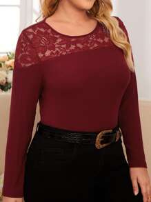 SHEIN Frenchy Plus Lace Yoke Tee - Burgundy - View 1