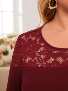 SHEIN Frenchy Plus Lace Yoke Tee - Burgundy - View 2