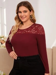 SHEIN Frenchy Plus Lace Yoke Tee - Burgundy - View 4