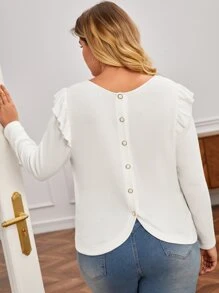 SHEIN Frenchy Plus Button Back Ruffle Trim Tee - White - View 1