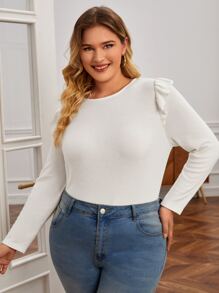 SHEIN Frenchy Plus Button Back Ruffle Trim Tee - White - View 4