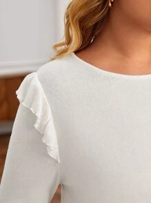 SHEIN Frenchy Plus Button Back Ruffle Trim Tee - White - View 5
