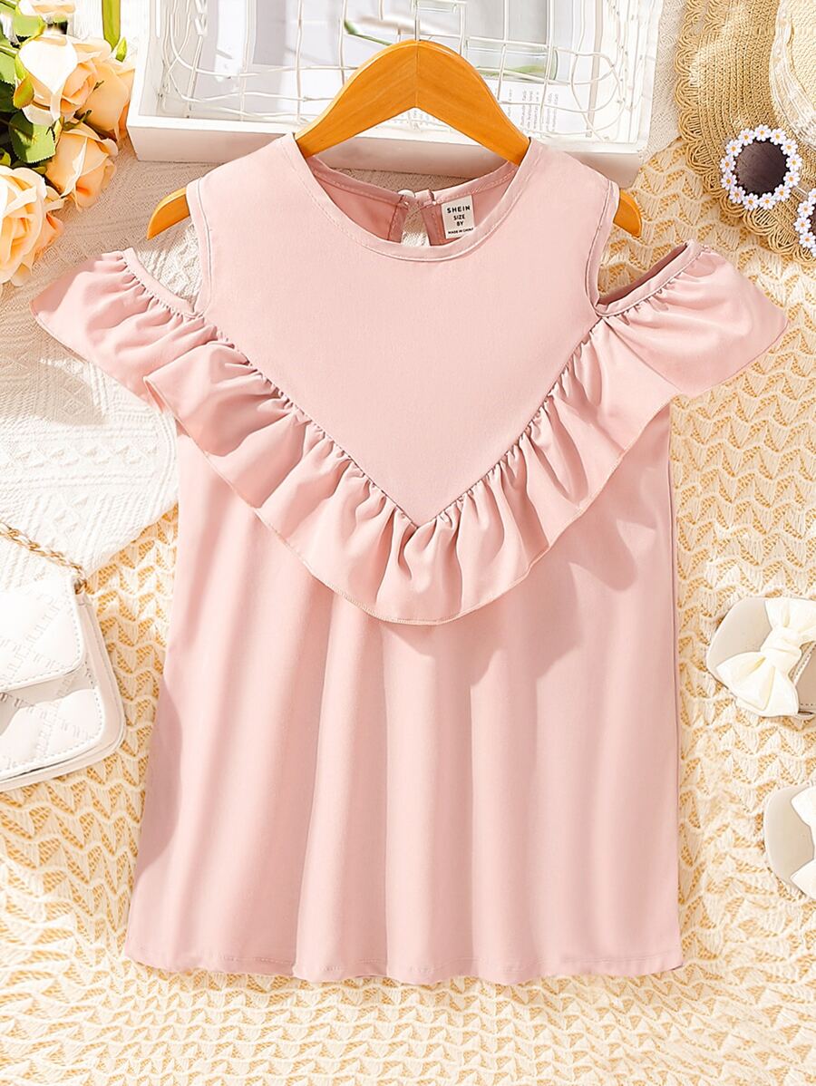 Girls Cold Shoulder Ruffle Trim Blouse - Baby Pink - View 1