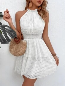 SHEIN WYWH Shirred Waist Backless Halter Neck Dress - White - View 1