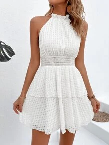 SHEIN WYWH Shirred Waist Backless Halter Neck Dress - White - View 4