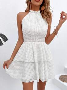 SHEIN WYWH Shirred Waist Backless Halter Neck Dress - White - View 6