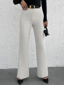 EURMUSE Solid Flare Leg Trousers Without Belt - White - View 1