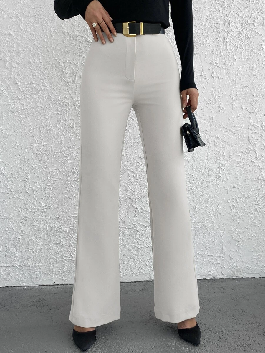 EURMUSE Solid Flare Leg Trousers Without Belt - White - View 1