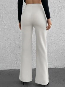 EURMUSE Solid Flare Leg Trousers Without Belt - White - View 2