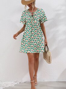 SHEIN Holidaya Allover Heart Print Tie Neck Smock Dress - Multicolor - View 4