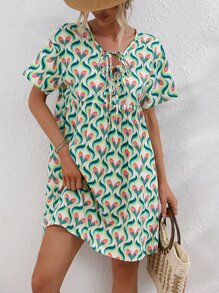 SHEIN Holidaya Allover Heart Print Tie Neck Smock Dress - Multicolor - View 6