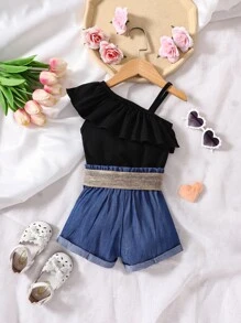 Baby Asymmetrical Neck Ruffle Trim Top & Paperbag Waist Shorts - Multicolor - View 2