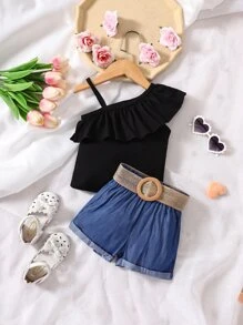 Baby Asymmetrical Neck Ruffle Trim Top & Paperbag Waist Shorts - Multicolor - View 3