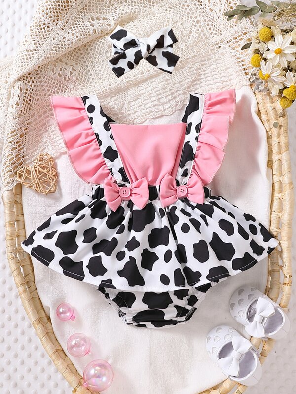Vestido tipo body de volantes con estampado de vaca, lazo frontal y diadema accesorio para bebé niña