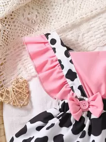 SHEIN Vestido tipo body de volantes con estampado de vaca, lazo frontal y diadema accesorio para bebé niña - Multicolor - Ver 4