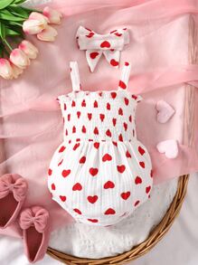 嬰兒愛心圖案褶邊打褶吊帶連體衣附髮帶 - 白色 - 查看 2